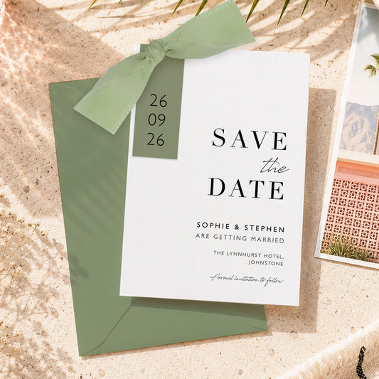 The Sophie - Save the date luxury Ribbon Wedding & Envelope | Simple stationery | Personalised invitation | Sage green, Pink, Dusky Blue, Burnt Orange