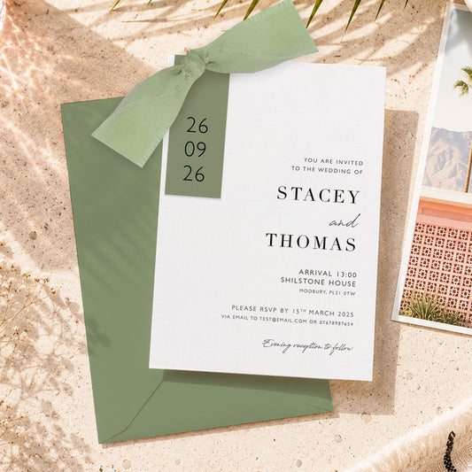 The Sophie - Luxury Ribbon Wedding Invitation & Envelope | Simple stationery | Personalised invitation | Sage green, Pink, Dusky Blue, Burnt Orange