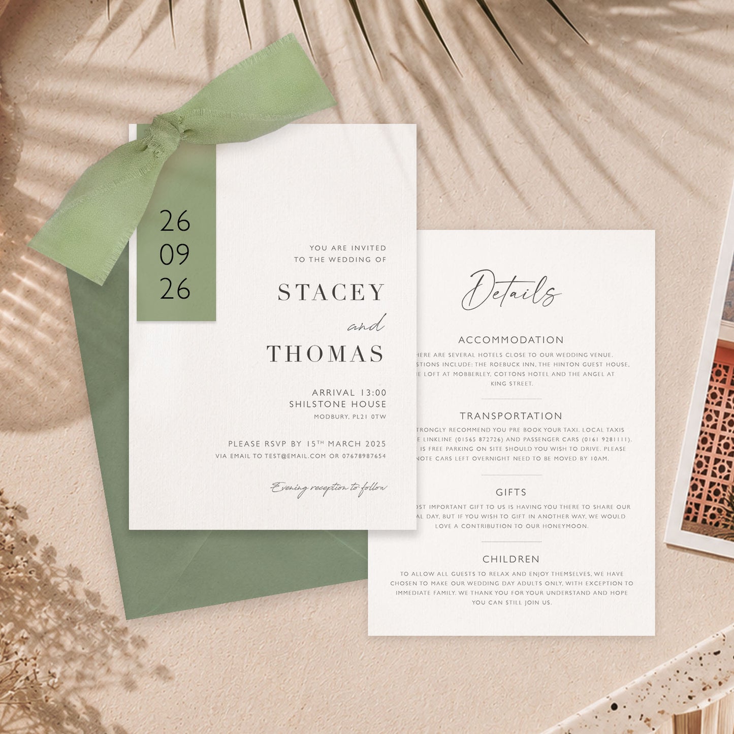 The Sophie - Luxury Ribbon Wedding Invitation, Envelope & Details Card | Simple stationery | Personalised invitation | Green, Pink, Blue, Burnt Orange