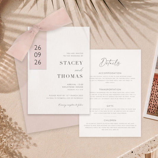 The Sophie - Luxury Ribbon Wedding Invitation, Envelope & Details Card | Simple stationery | Personalised invitation | Green, Pink, Blue, Burnt Orange