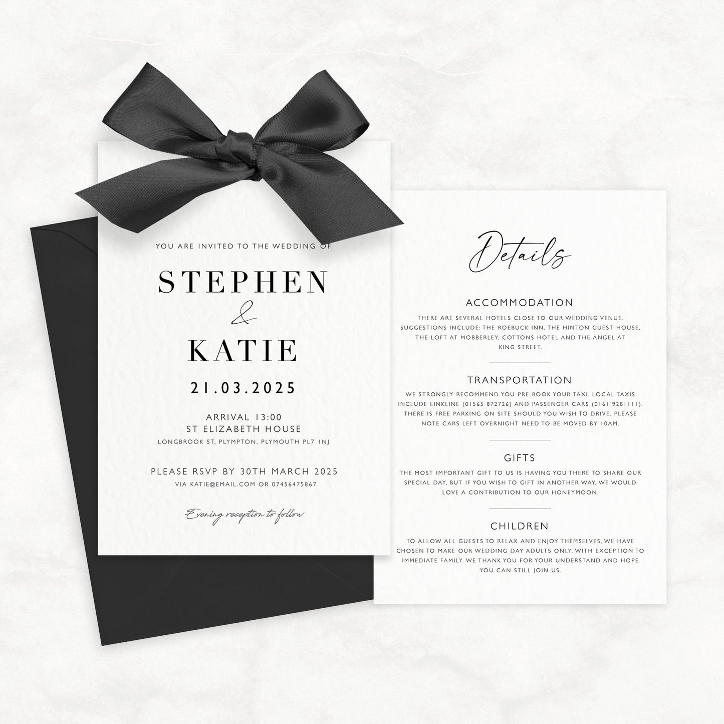 The Betsy - Luxury Ribbon Wedding Invitation, Envelope & Details Card | Simple stationery | Personalised invitation | Green, Pink, Blue, Burnt Orange