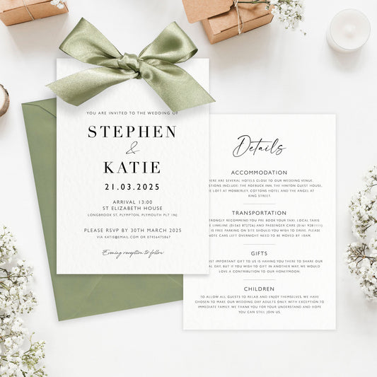 The Betsy - Luxury Ribbon Wedding Invitation, Envelope & Details Card | Simple stationery | Personalised invitation | Green, Pink, Blue, Burnt Orange