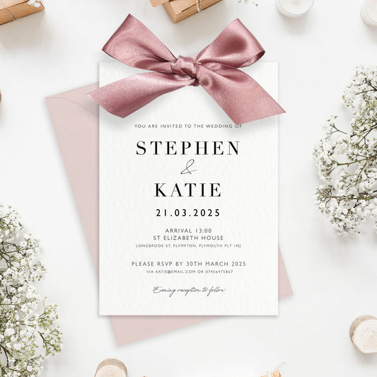 The Betsy - Luxury Satin Bow Ribbon Wedding Invitation & Envelope | Personalised invitation | Sage green, Pink, Dusky Blue, Burnt Orange