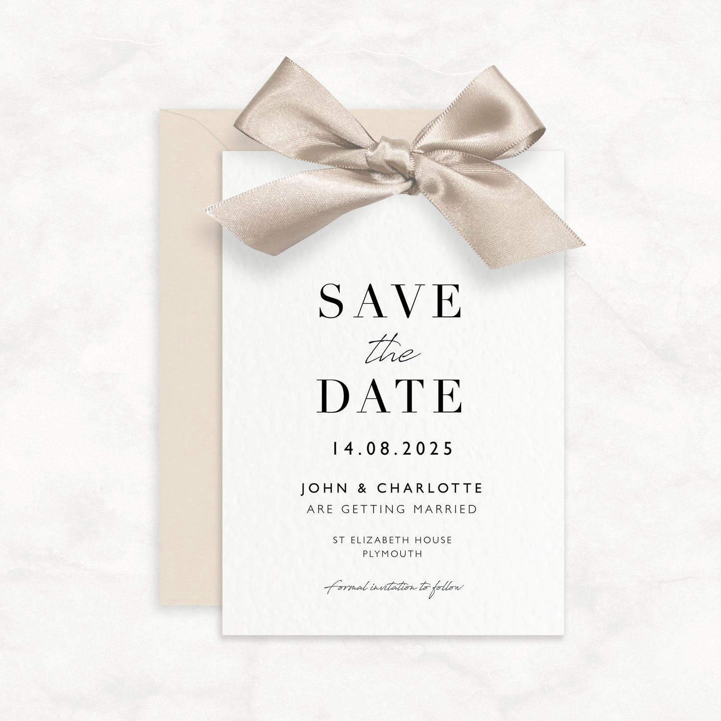 The Betsy - Luxury Satin Bow Ribbon Wedding Save the Date & Envelope | Personalised invitation | Sage green, Pink, Dusky Blue, Burnt Orange