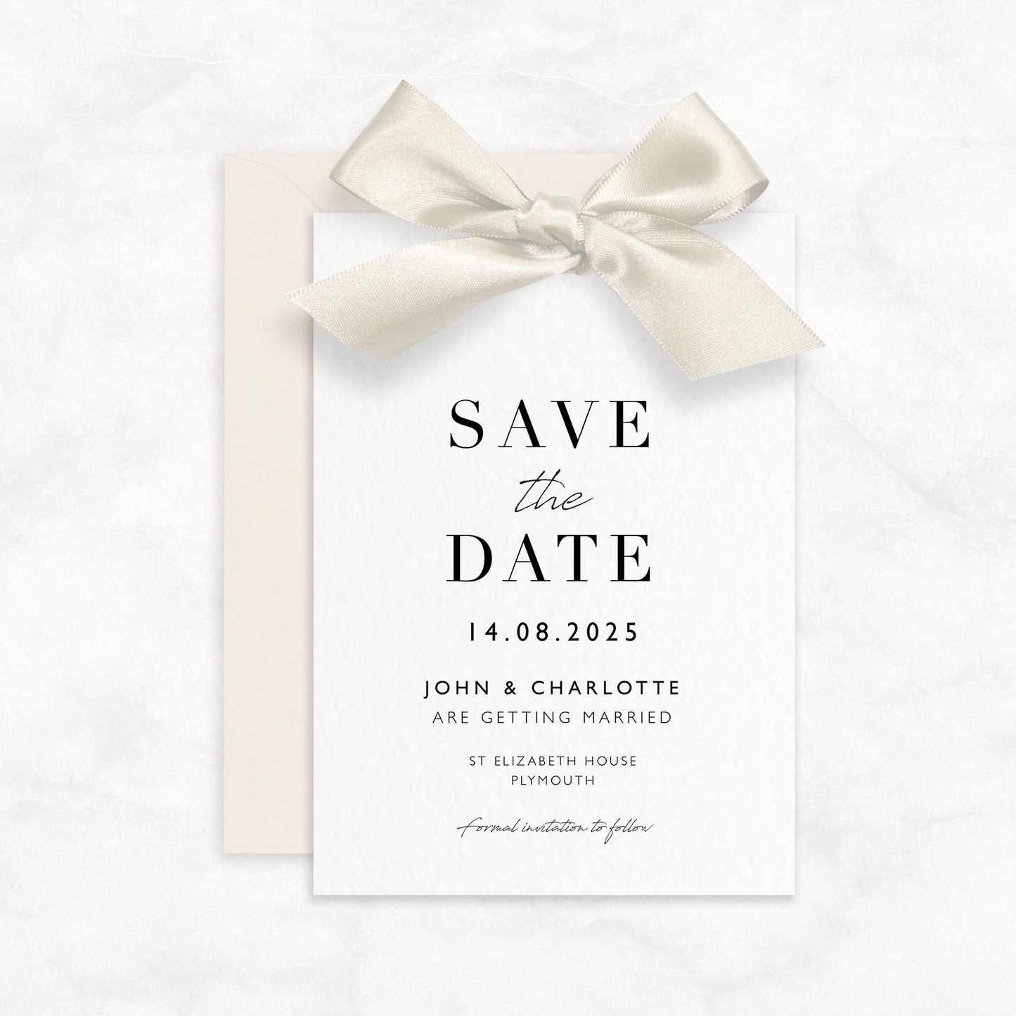 The Betsy - Luxury Satin Bow Ribbon Wedding Save the Date & Envelope | Personalised invitation | Sage green, Pink, Dusky Blue, Burnt Orange