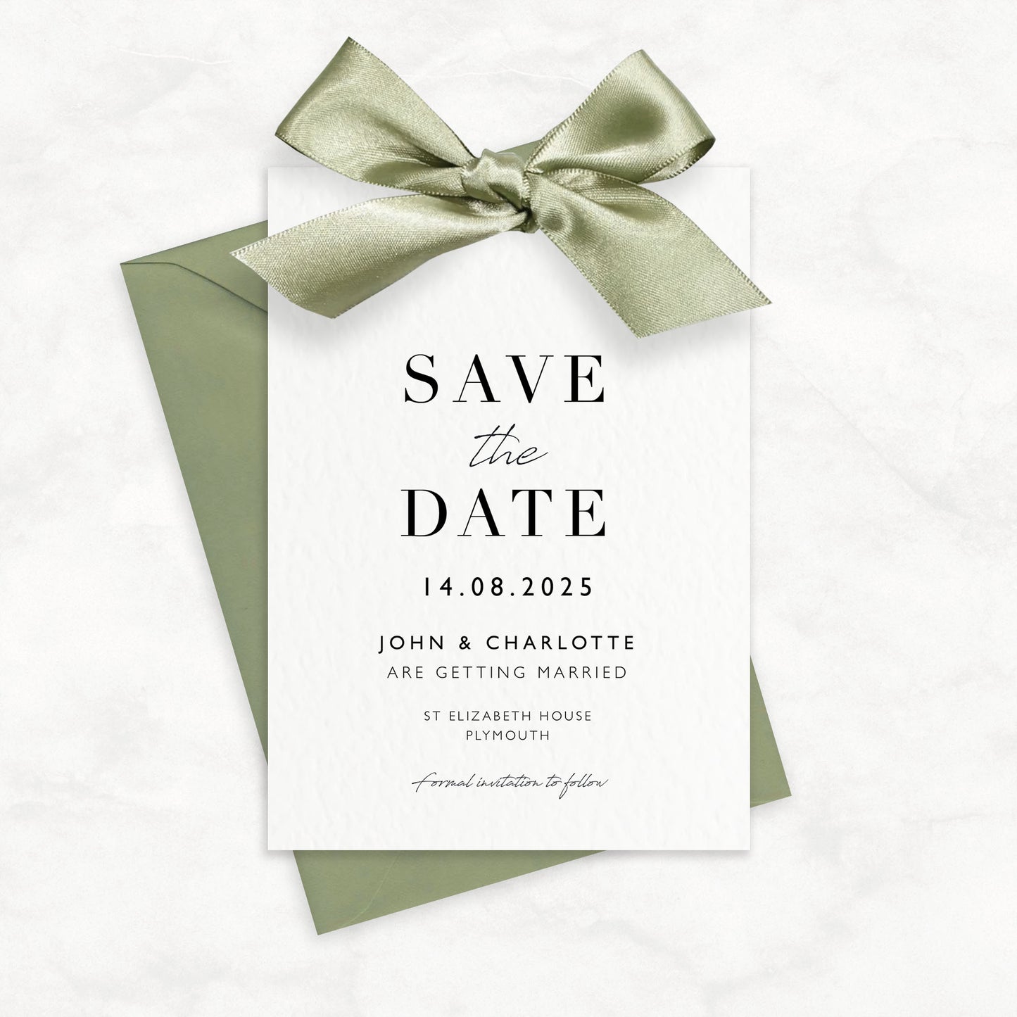 The Betsy - Luxury Satin Bow Ribbon Wedding Save the Date & Envelope | Personalised invitation | Sage green, Pink, Dusky Blue, Burnt Orange