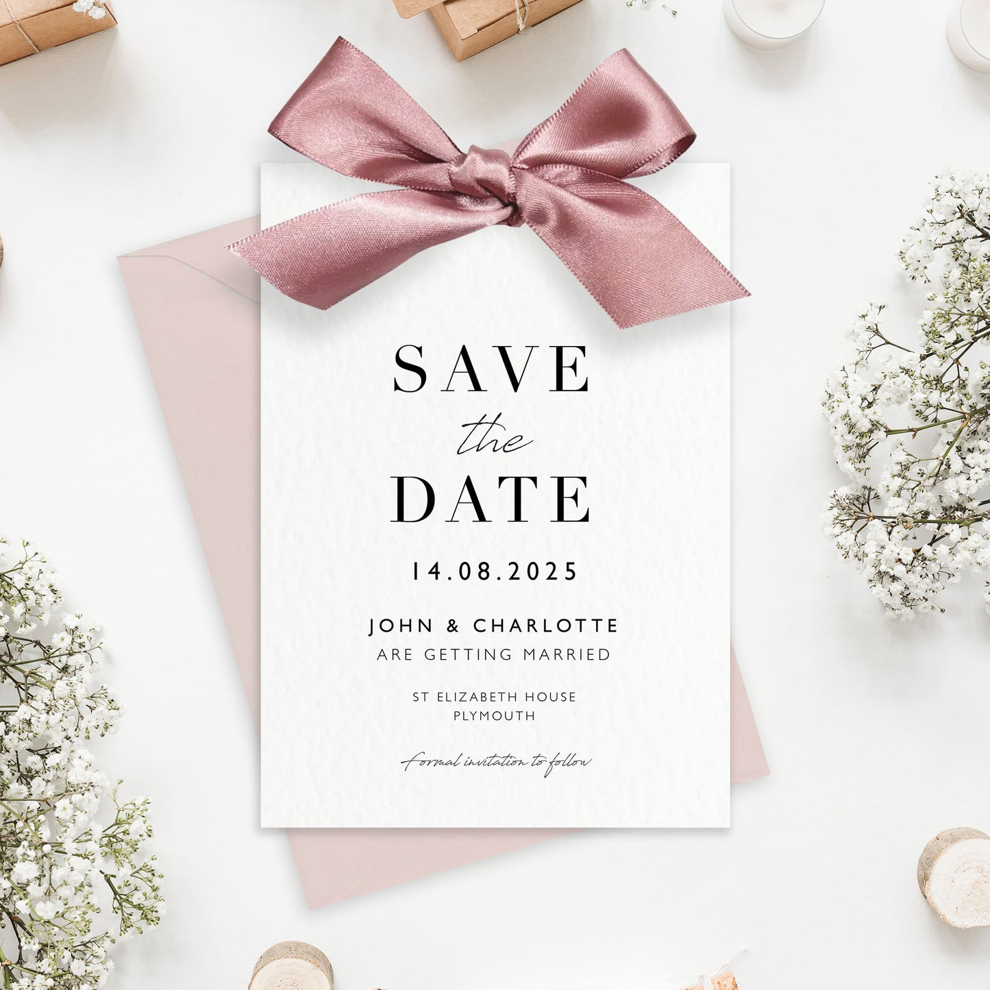 The Betsy - Luxury Satin Bow Ribbon Wedding Save the Date & Envelope | Personalised invitation | Sage green, Pink, Dusky Blue, Burnt Orange