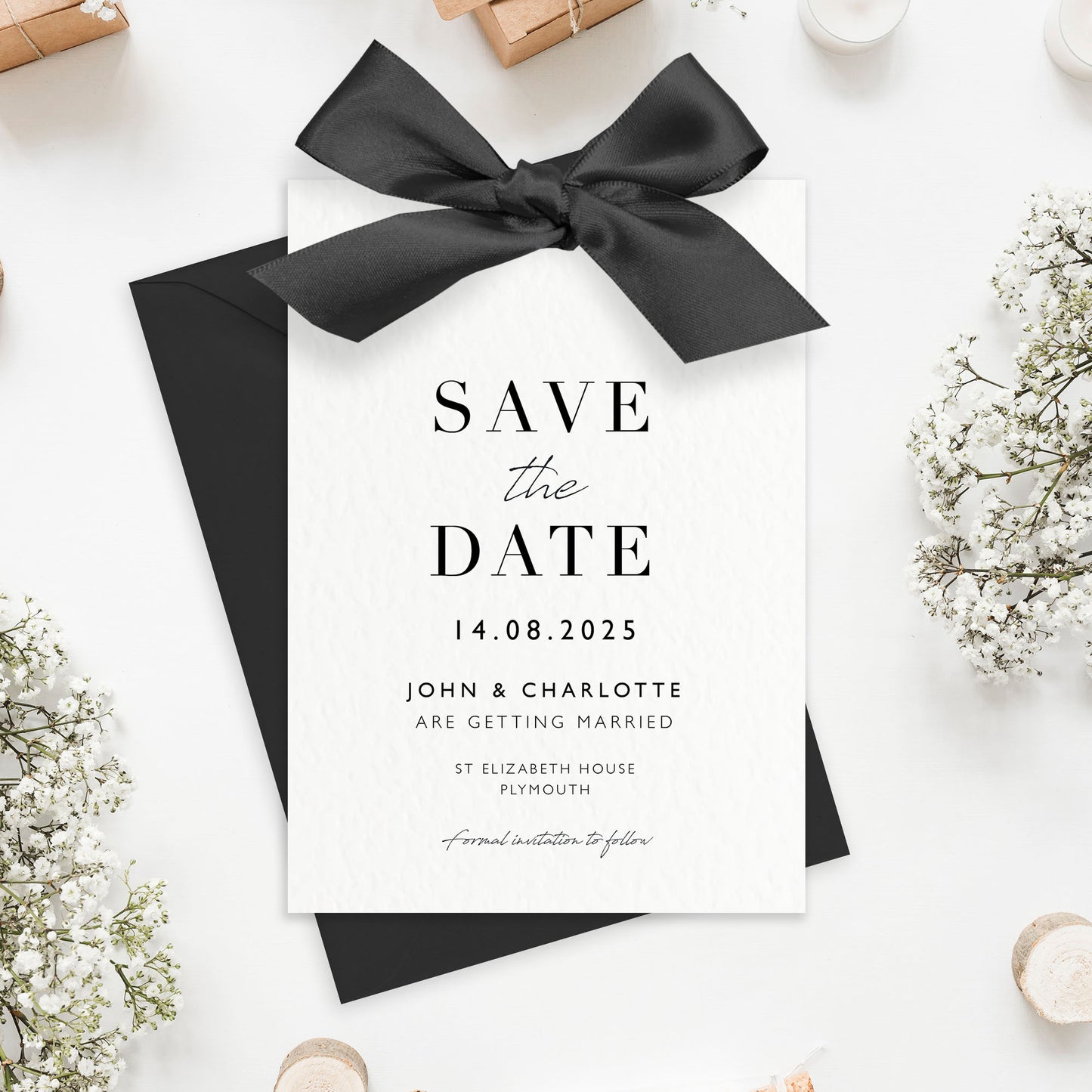 The Betsy - Luxury Satin Bow Ribbon Wedding Save the Date & Envelope | Personalised invitation | Sage green, Pink, Dusky Blue, Burnt Orange