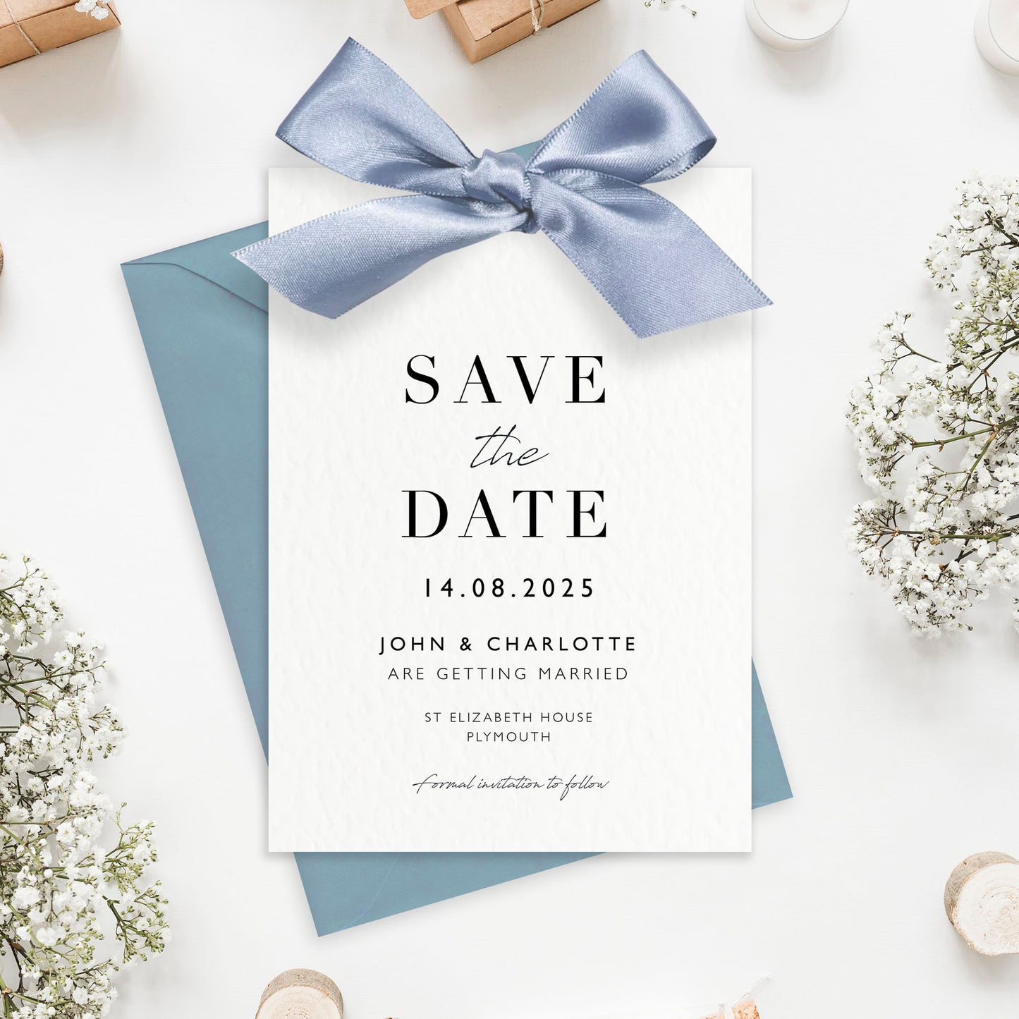 The Betsy - Luxury Satin Bow Ribbon Wedding Save the Date & Envelope | Personalised invitation | Sage green, Pink, Dusky Blue, Burnt Orange