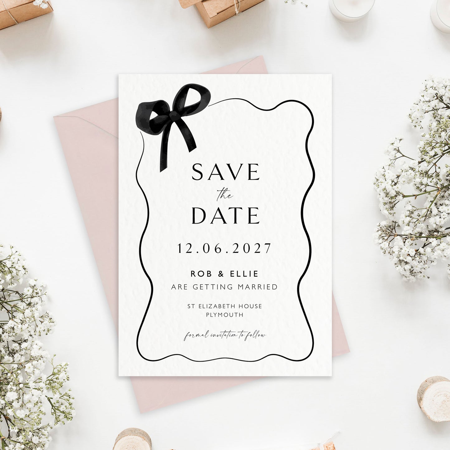 The Tini - Luxury Side Bow Wedding Save the Date | Elegant Minimalist Design | Personalised Save the Date | Modern Simple Wedding Invitation