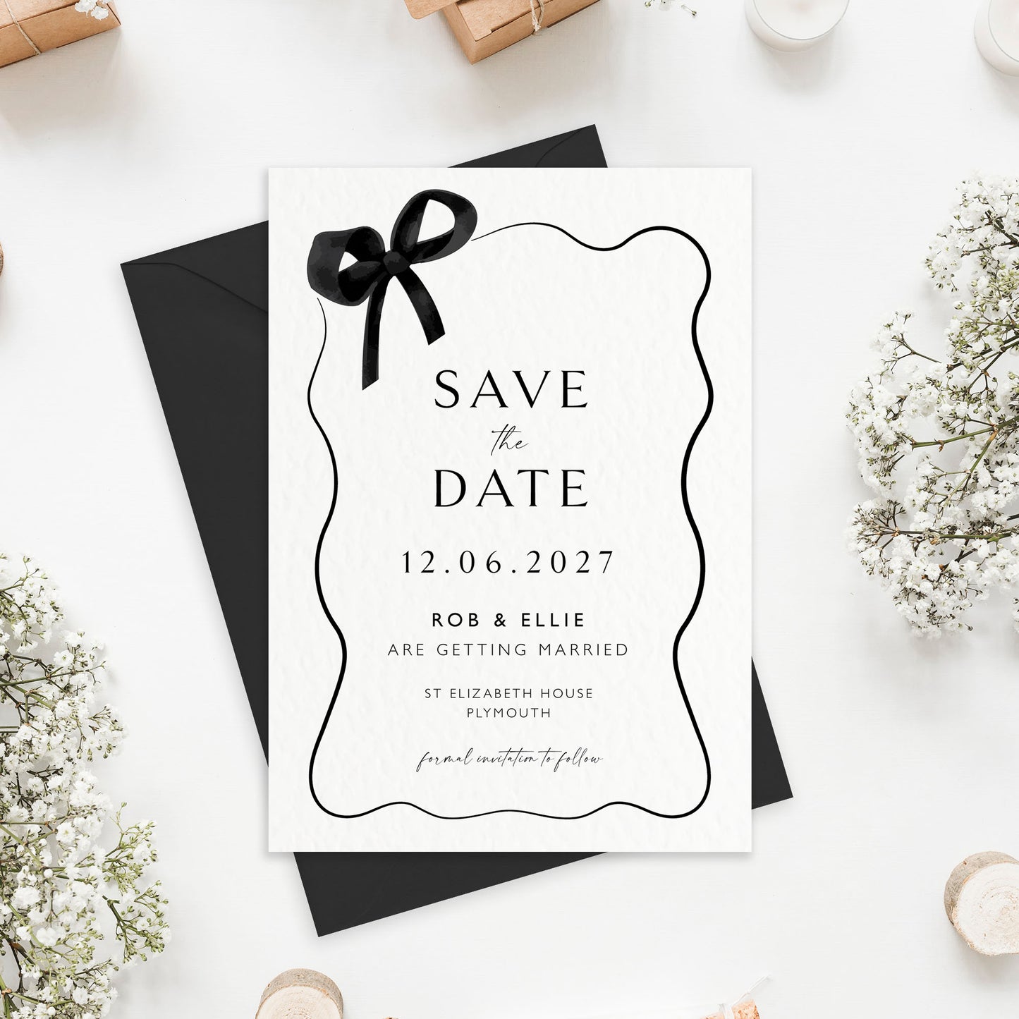 The Tini - Luxury Side Bow Wedding Save the Date | Elegant Minimalist Design | Personalised Save the Date | Modern Simple Wedding Invitation