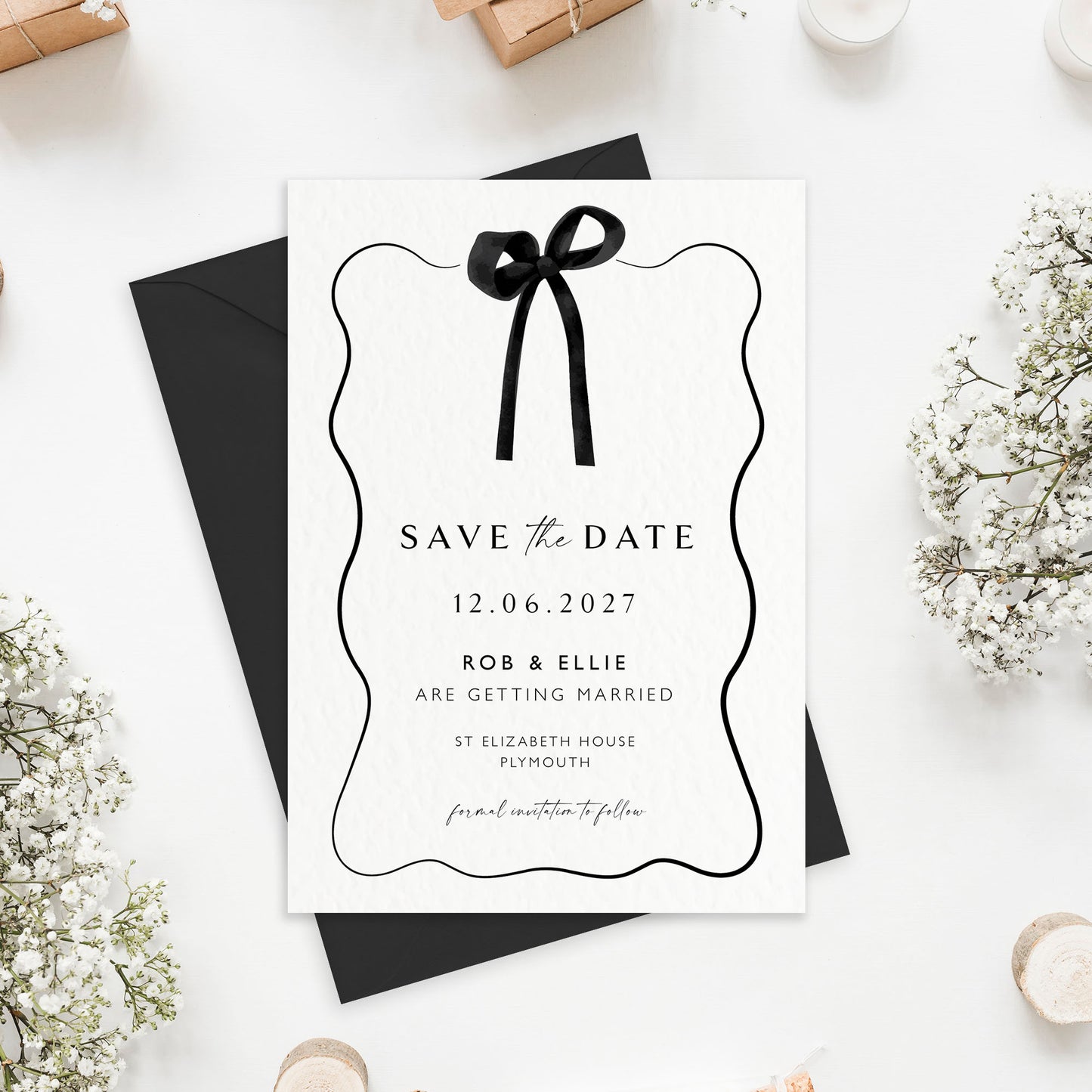 The Tini - Custom Luxury Bow Wedding Save the Date | Elegant Minimalist Design | Personalised Save the Date | Modern Simple Wedding Invitation