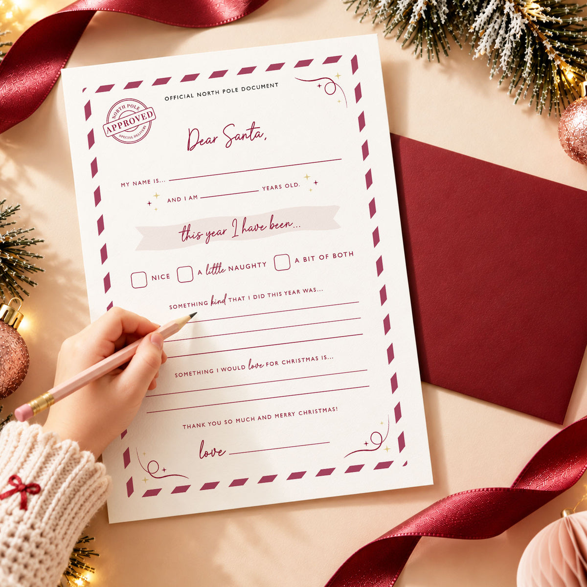 Personalised Letter From Santa and Letter To Santa Christmas set
Letter To Santa with burgundy envelope for kids
Personalised Letter From Santa with burgundy envelope
Letter From Santa personalised with child's name and Christmas wish
Letters To and From Santa Christmas stationery set for children
Fill in Letter From Santa with blank spaces for parents to complete