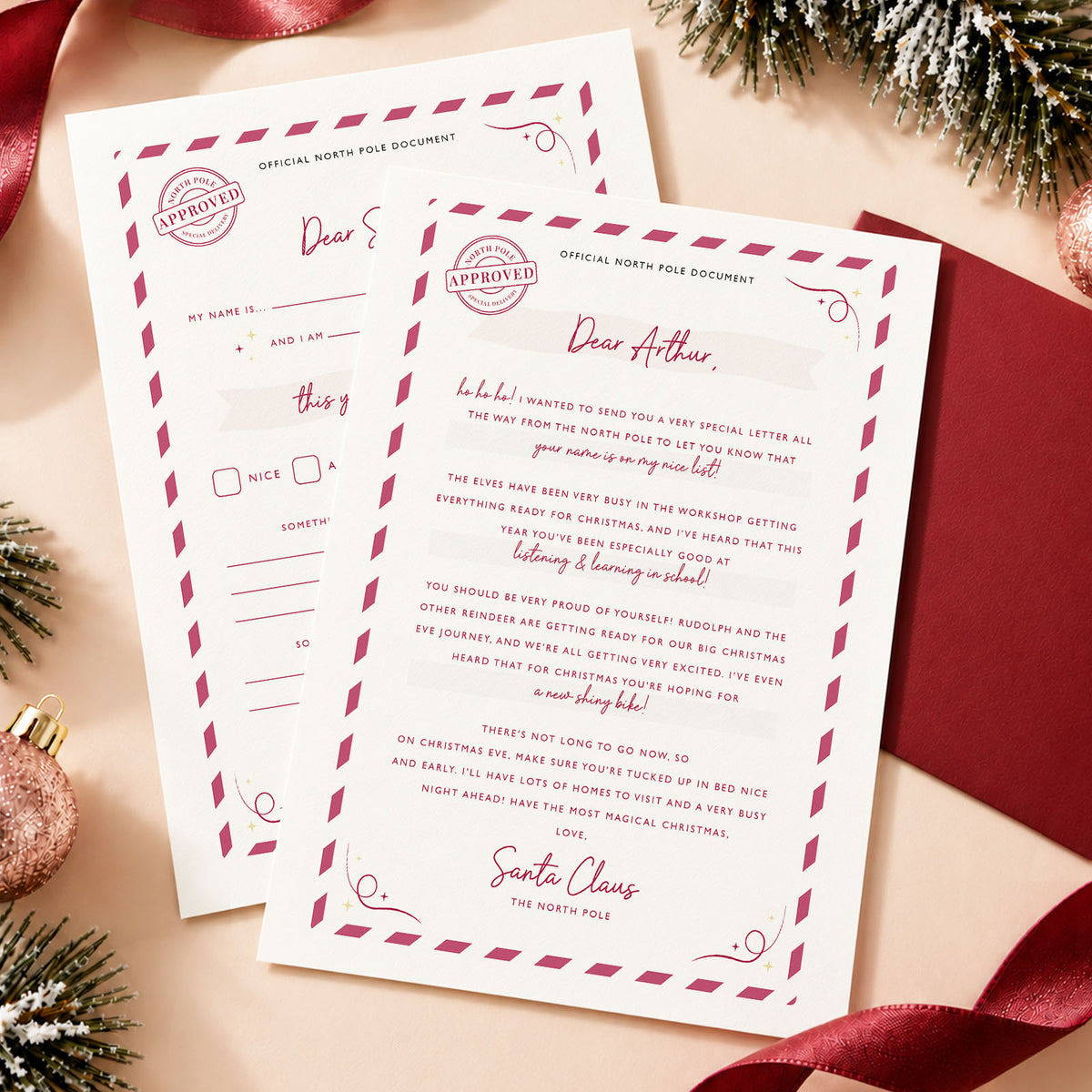 Personalised Letter From Santa and Letter To Santa Christmas set
Letter To Santa with burgundy envelope for kids
Personalised Letter From Santa with burgundy envelope
Letter From Santa personalised with child's name and Christmas wish
Letters To and From Santa Christmas stationery set for children
Fill in Letter From Santa with blank spaces for parents to complete